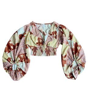 Brown Vintage Inspired Patterned Bell Sleeve Crop Top Blouse